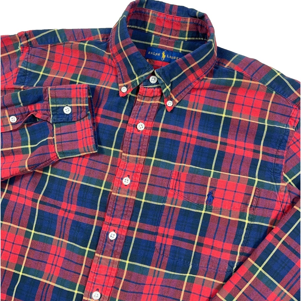 Ralph Lauren Oxford Shirt Men Large Red Blue Plaid Button Up OCBD Pony Pocket A5